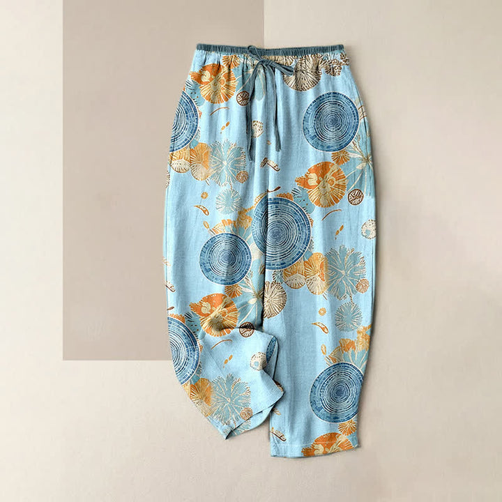 Buddha Stones Pantalon pour femme en pur coton à motif floral orange, taille élastique et poches - Bleu clair - US16，UK/AU20，EU48 (3XL) - image 3