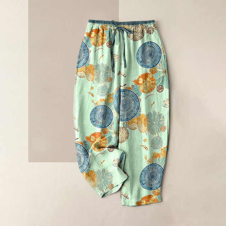 Buddha Stones Pantalon pour femme en pur coton à motif floral orange, taille élastique et poches - Bleu vert - US16，UK/AU20，EU48 (3XL) - image 4