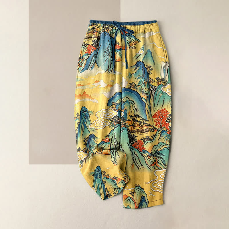 Buddha Stones Pantalon pour femme en pur coton, motif brume de montagne orientale, taille élastique et poches - Or - US16，UK/AU20，EU48 (3XL) - image 0
