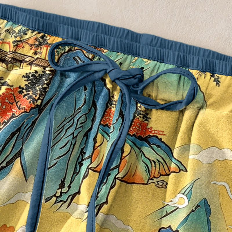 Buddha Stones Pantalon pour femme en pur coton, motif brume de montagne orientale, taille élastique et poches - image 1