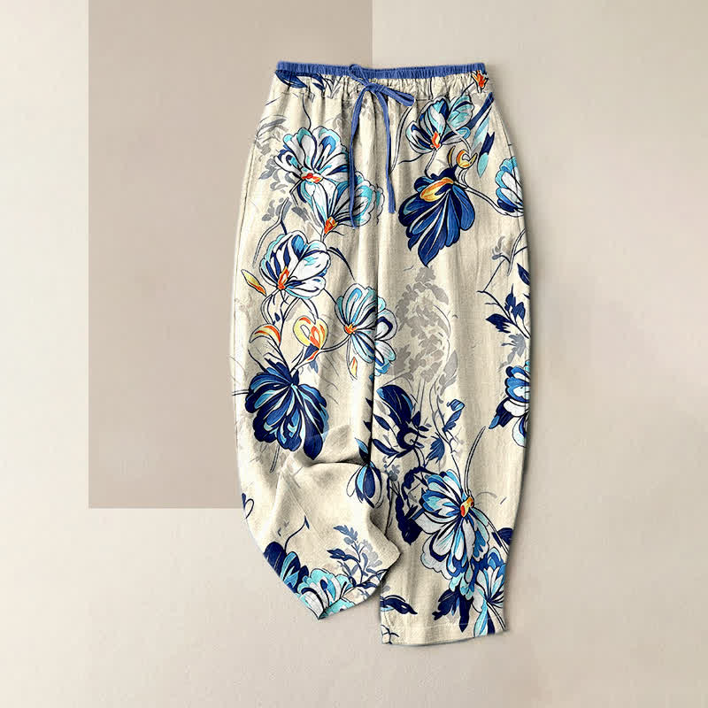 Buddha Stones Pantalon pour femme en pur coton indigo à motif floral floral, taille élastique et poches - Ivoire - US16，UK/AU20，EU48 (3XL) - image 0
