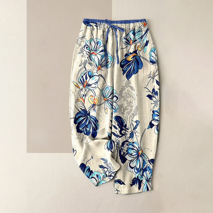 Buddha Stones Pantalon pour femme en pur coton indigo à motif floral floral, taille élastique et poches - Ivoire - US16，UK/AU20，EU48 (3XL) - image 0
