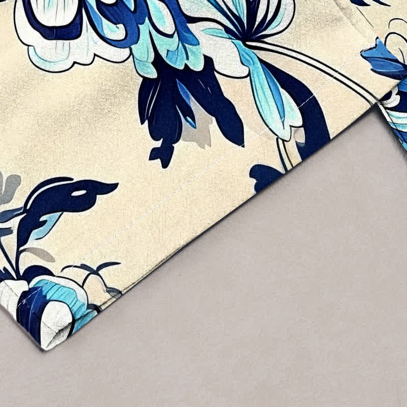 Buddha Stones Pantalon pour femme en pur coton indigo à motif floral floral, taille élastique et poches - image 1