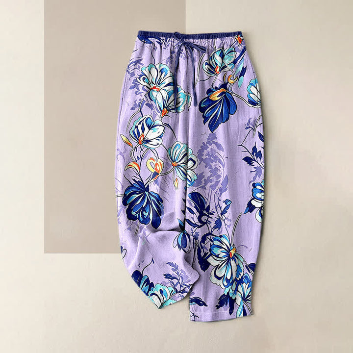 Buddha Stones Pantalon pour femme en pur coton indigo à motif floral floral, taille élastique et poches - Lavande - US16，UK/AU20，EU48 (3XL) - image 3