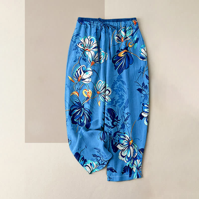 Buddha Stones Pantalon pour femme en pur coton indigo à motif floral floral, taille élastique et poches - DodgerBlue - US16，UK/AU20，EU48 (3XL) - image 4