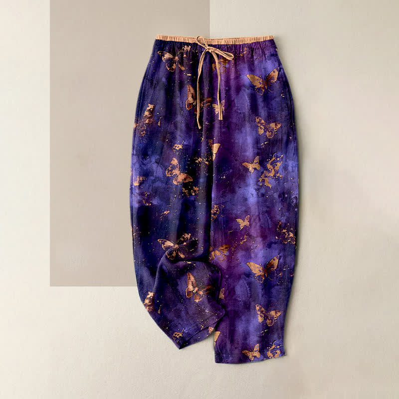 Buddha Stones Pantalon harem pour femme en pur coton à motif nébuleuse de papillons dorés et taille élastique - Violet - US16，UK/AU20，EU48 (3XL) - image 0