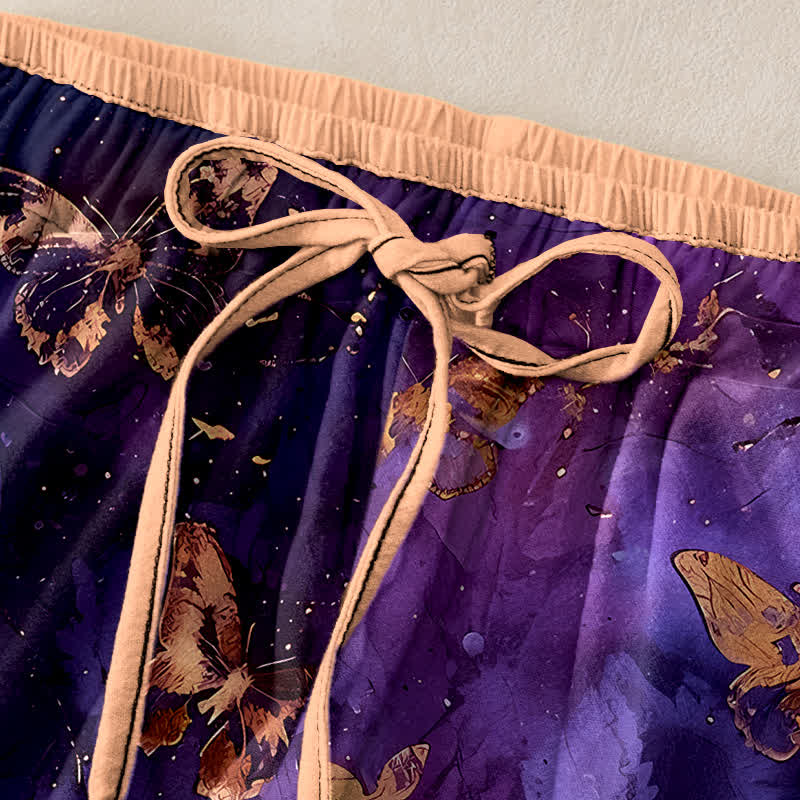 Buddha Stones Pantalon harem pour femme en pur coton à motif nébuleuse de papillons dorés et taille élastique - image 1