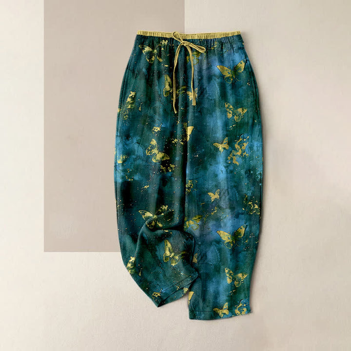 Buddha Stones Pantalon harem pour femme en pur coton à motif nébuleuse de papillons dorés et taille élastique - Sarcelle - US16，UK/AU20，EU48 (3XL) - image 4
