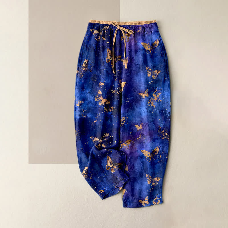 Buddha Stones Pantalon harem pour femme en pur coton à motif nébuleuse de papillons dorés et taille élastique - Bleu royal - US16，UK/AU20，EU48 (3XL) - image 5