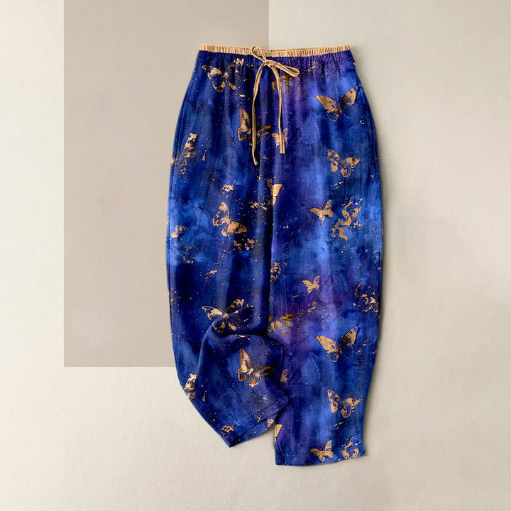 Buddha Stones Pantalon harem pour femme en pur coton à motif nébuleuse de papillons dorés et taille élastique - Bleu royal - US16，UK/AU20，EU48 (3XL) - image 5