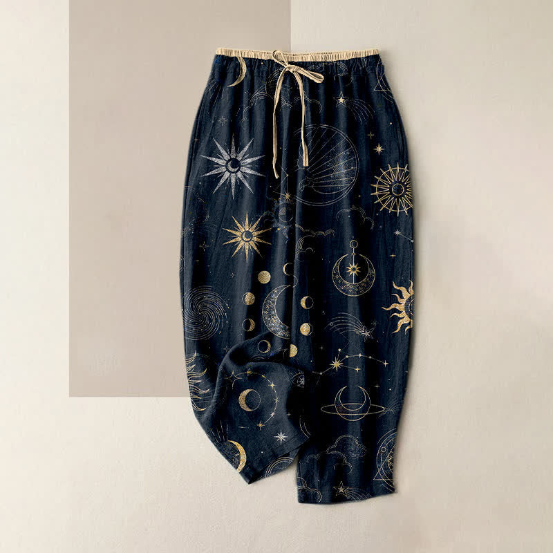 Buddha Stones Pantalon pour femme en pur coton, à taille élastique et poches, motif soleil, lune et étoiles célestes - Bleu nuit - US16，UK/AU20，EU48 (3XL) - image 0