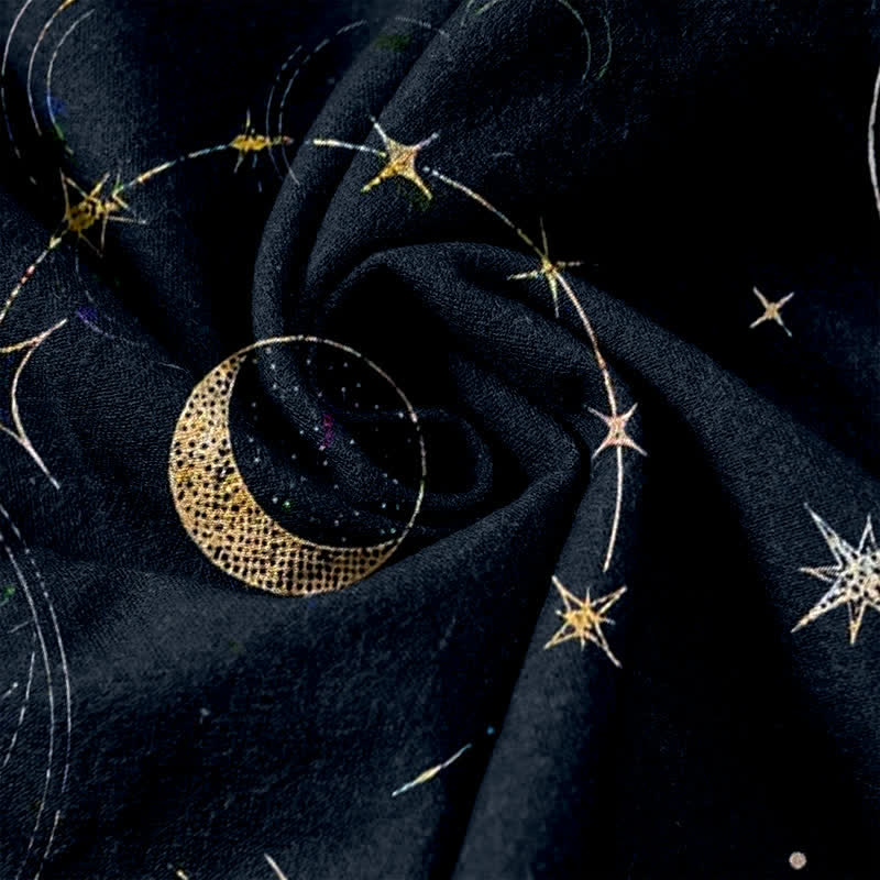 Buddha Stones Pantalon pour femme en pur coton, à taille élastique et poches, motif soleil, lune et étoiles célestes - image 3