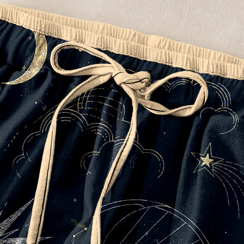 Buddha Stones Pantalon pour femme en pur coton, à taille élastique et poches, motif soleil, lune et étoiles célestes - image 1