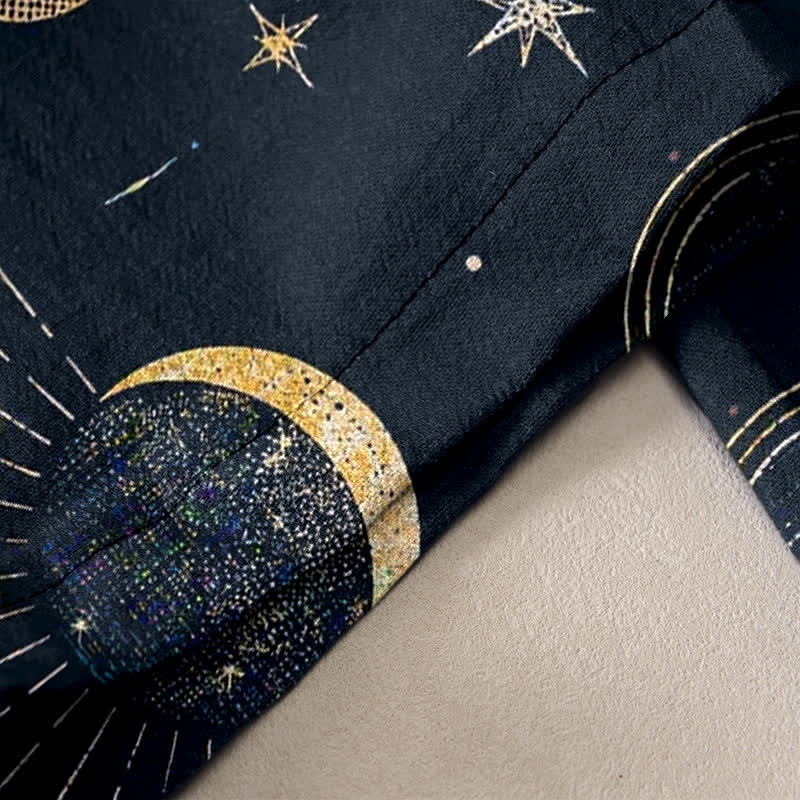 Buddha Stones Pantalon pour femme en pur coton, à taille élastique et poches, motif soleil, lune et étoiles célestes - image 2