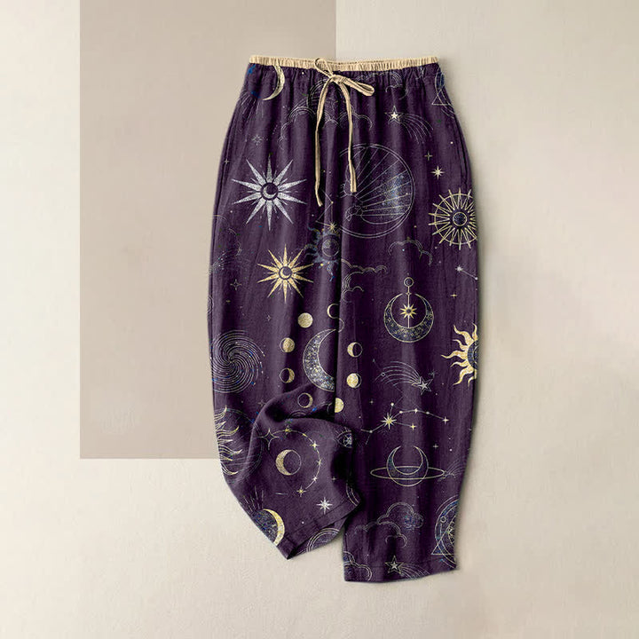 Buddha Stones Pantalon pour femme en pur coton, à taille élastique et poches, motif soleil, lune et étoiles célestes - Violette sombre - US16，UK/AU20，EU48 (3XL) - image 5