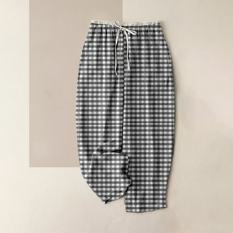 Buddha Stones Pantalon en coton à carreaux vichy classique pour femme, taille élastique et poches - Noir - US16，UK/AU20，EU48 (3XL) - image 0