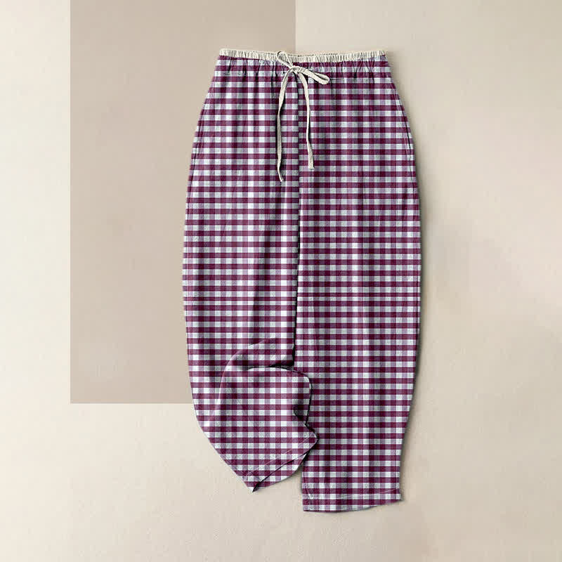 Buddha Stones Pantalon en coton à carreaux vichy classique pour femme, taille élastique et poches - Violet - US16，UK/AU20，EU48 (3XL) - image 3