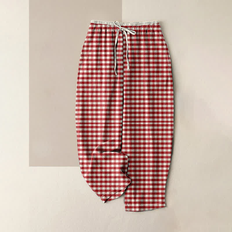 Buddha Stones Pantalon en coton à carreaux vichy classique pour femme, taille élastique et poches - Rouge - US16，UK/AU20，EU48 (3XL) - image 4