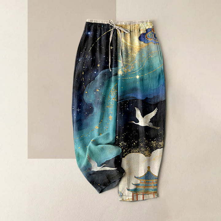 Buddha Stones Pantalon pour femme en pur coton avec motif aquarelle de grues orientales et taille élastique, doté de poches. - Turquoise - US16，UK/AU20，EU48 (3XL) - image 0