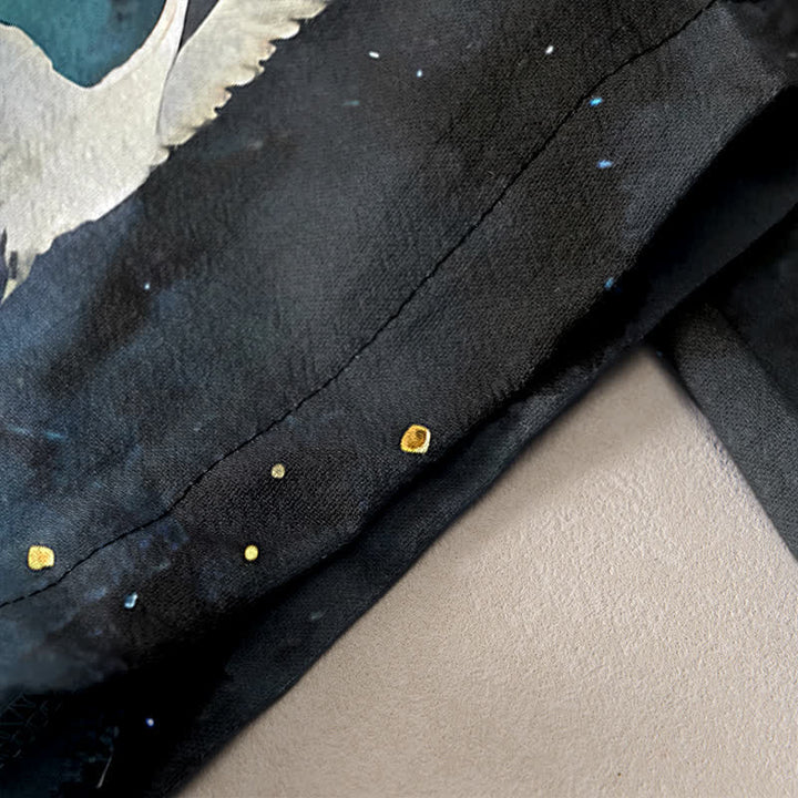 Buddha Stones Pantalon pour femme en pur coton avec motif aquarelle de grues orientales et taille élastique, doté de poches. - image 2