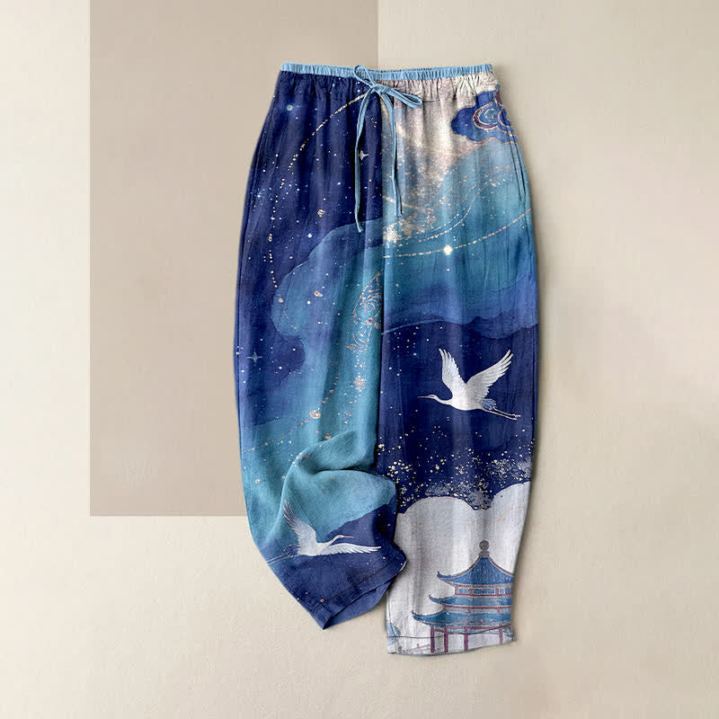 Buddha Stones Pantalon pour femme en pur coton avec motif aquarelle de grues orientales et taille élastique, doté de poches. - Marine - US16，UK/AU20，EU48 (3XL) - image 4