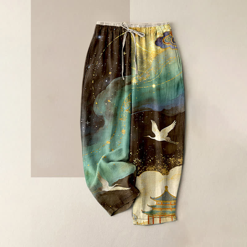 Buddha Stones Pantalon pour femme en pur coton avec motif aquarelle de grues orientales et taille élastique, doté de poches. - Aigue-marine moyenne - US16，UK/AU20，EU48 (3XL) - image 5