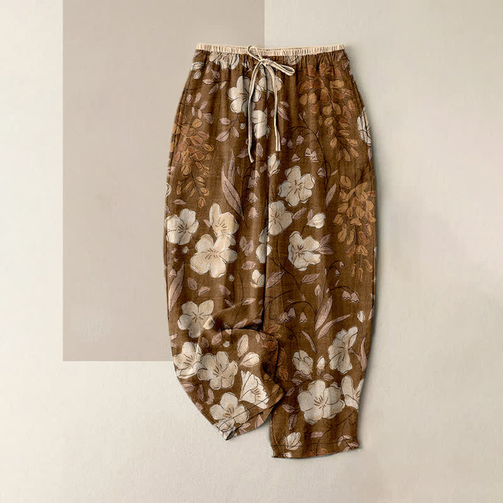Buddha Stones Pantalon pour femme en pur coton à motif floral, taille élastique et poches - Terre de sienne - US16，UK/AU20，EU48 (3XL) - image 0