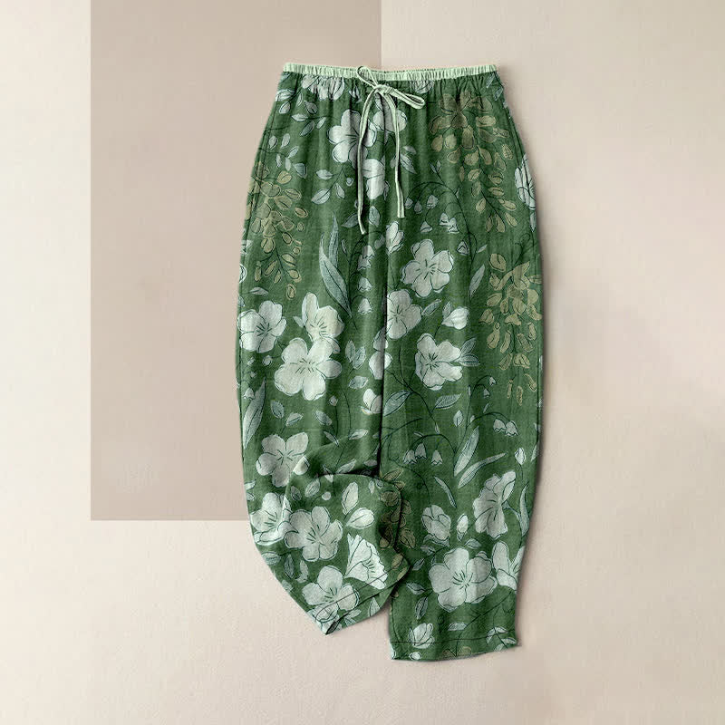 Buddha Stones Pantalon pour femme en pur coton à motif floral, taille élastique et poches - Vert d'eau - US16，UK/AU20，EU48 (3XL) - image 4