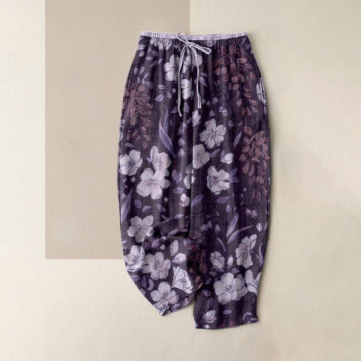 Buddha Stones Pantalon pour femme en pur coton à motif floral, taille élastique et poches - Violet - US16，UK/AU20，EU48 (3XL) - image 5