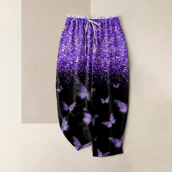 Buddha Stones Pantalon pour femme en pur coton dégradé à motif papillon et taille élastique avec poches - BleuViolet - US16，UK/AU20，EU48 (3XL) - image 0