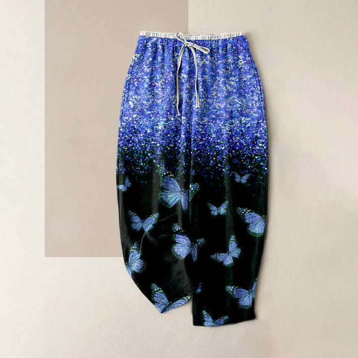Buddha Stones Pantalon pour femme en pur coton dégradé à motif papillon et taille élastique avec poches - Bleu royal - US16，UK/AU20，EU48 (3XL) - image 4