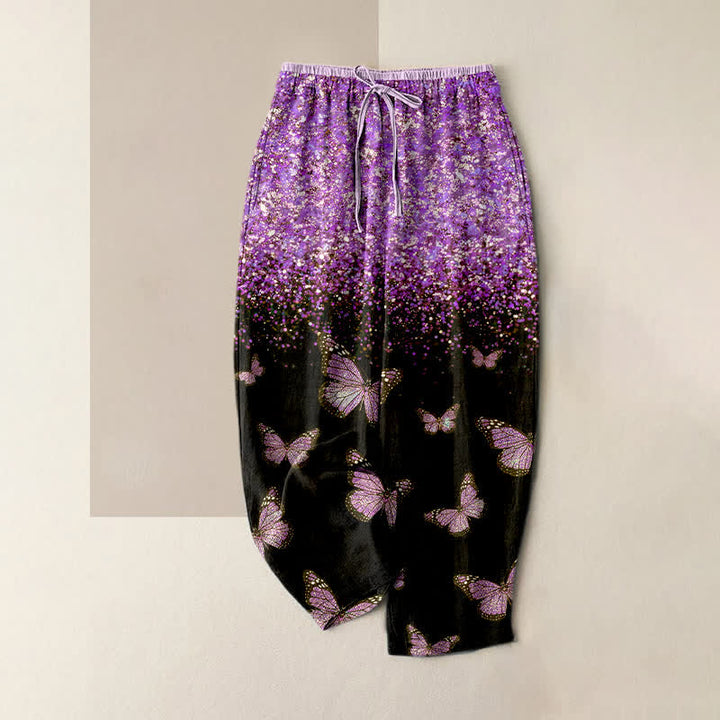Buddha Stones Pantalon pour femme en pur coton dégradé à motif papillon et taille élastique avec poches - DarkOrchid - US16，UK/AU20，EU48 (3XL) - image 5