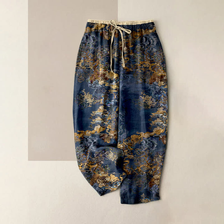 Buddha Stones Pantalon pour femme en pur coton, motif nuage doré oriental, taille élastique et poches - Marine - US16，UK/AU20，EU48 (3XL) - image 0