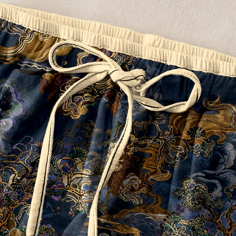Buddha Stones Pantalon pour femme en pur coton, motif nuage doré oriental, taille élastique et poches - image 1