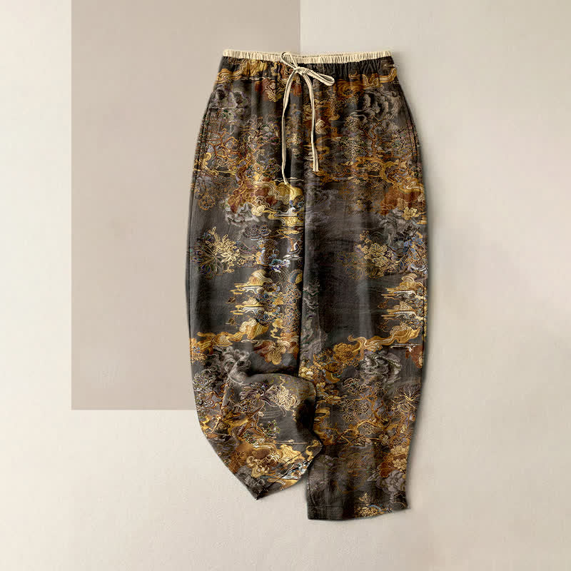 Buddha Stones Pantalon pour femme en pur coton, motif nuage doré oriental, taille élastique et poches - Gris sombre - US16，UK/AU20，EU48 (3XL) - image 4