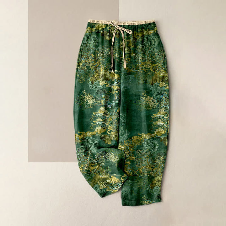 Buddha Stones Pantalon pour femme en pur coton, motif nuage doré oriental, taille élastique et poches - Vert forêt - US16，UK/AU20，EU48 (3XL) - image 5