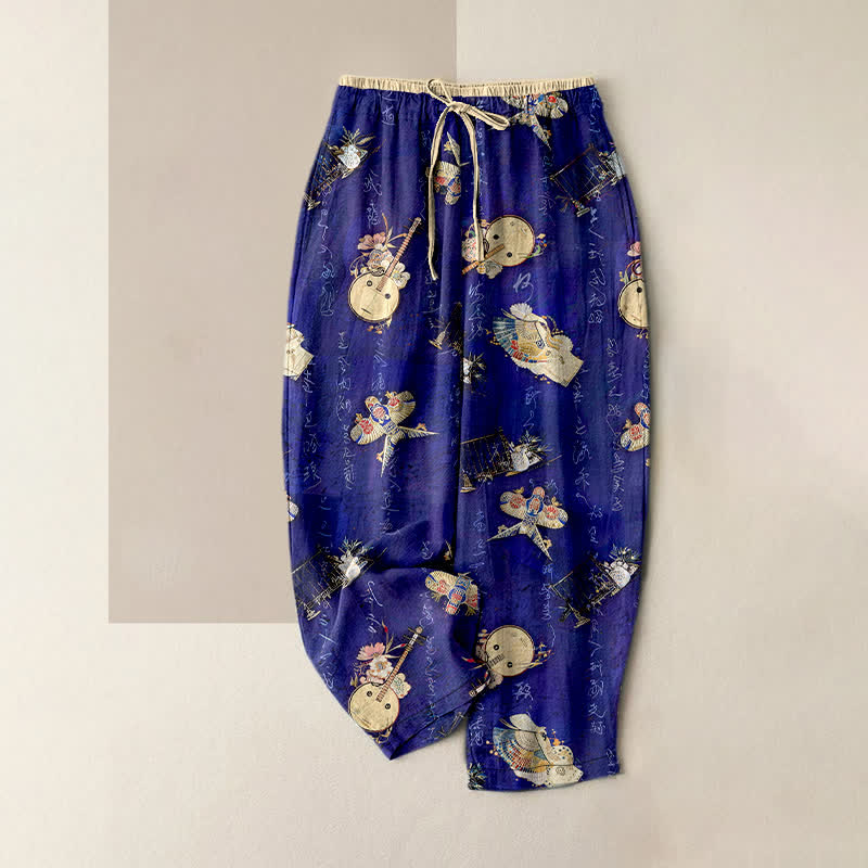 Buddha Stones Pantalon pour femme en pur coton à mini motif floral, taille élastique et poches - Bleu royal - US16，UK/AU20，EU48 (3XL) - image 0