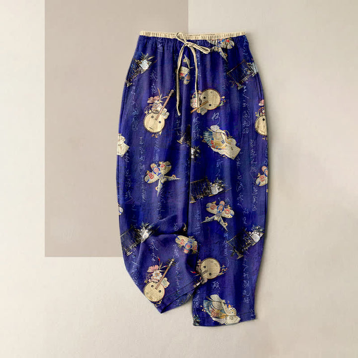 Buddha Stones Pantalon pour femme en pur coton à mini motif floral, taille élastique et poches - Bleu royal - US16，UK/AU20，EU48 (3XL) - image 0