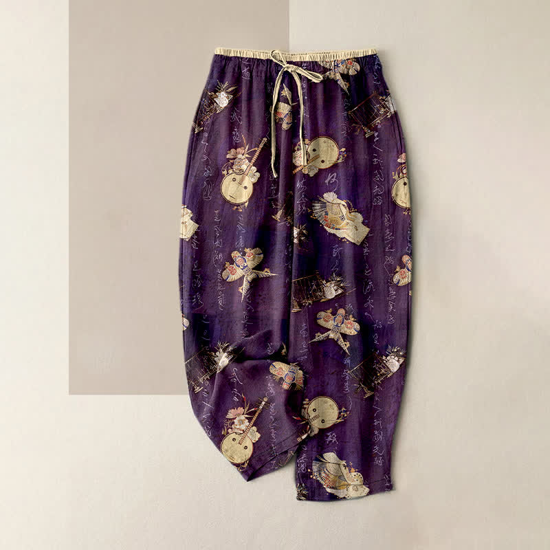 Buddha Stones Pantalon pour femme en pur coton à mini motif floral, taille élastique et poches - Violet - US16，UK/AU20，EU48 (3XL) - image 4