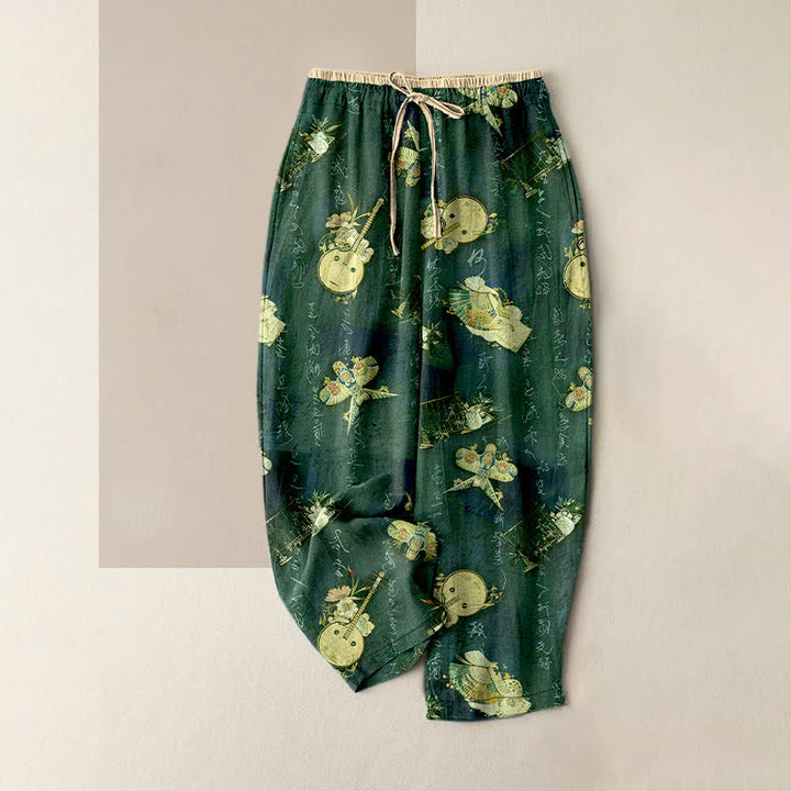 Buddha Stones Pantalon pour femme en pur coton à mini motif floral, taille élastique et poches - Vert forêt - US16，UK/AU20，EU48 (3XL) - image 5