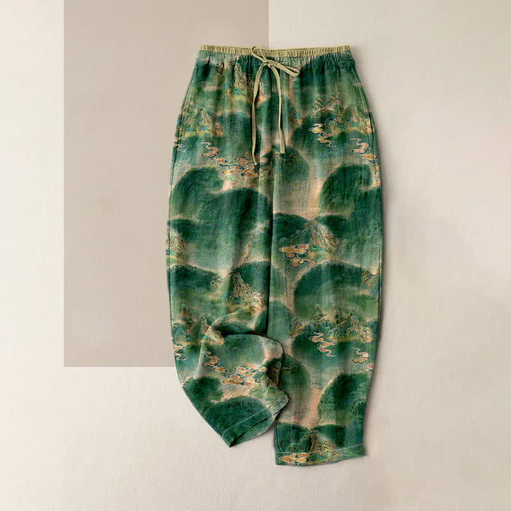 Buddha Stones Pantalon pour femme en pur coton à motif montagne, taille élastique et poches - Vert forêt - US16，UK/AU20，EU48 (3XL) - image 0
