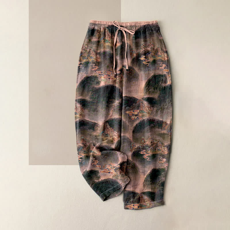 Buddha Stones Pantalon pour femme en pur coton à motif montagne, taille élastique et poches - PeachPuff - US16，UK/AU20，EU48 (3XL) - image 3