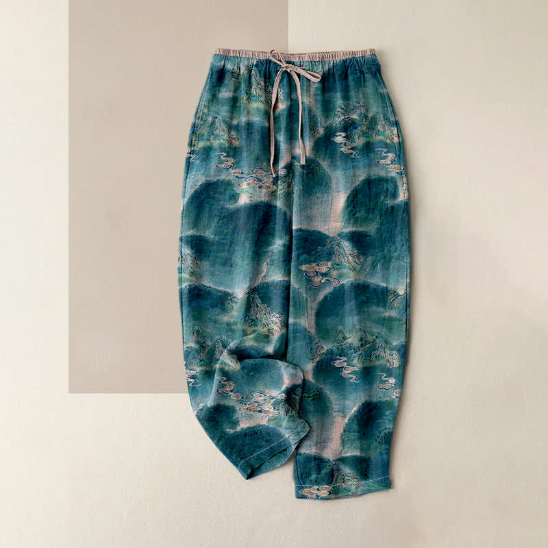Buddha Stones Pantalon pour femme en pur coton à motif montagne, taille élastique et poches - Sarcelle - US16，UK/AU20，EU48 (3XL) - image 4
