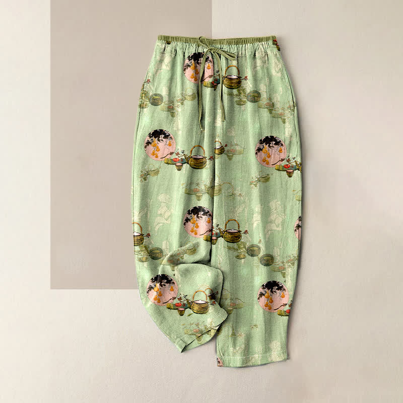 Buddha Stones Pantalon pour femme en pur coton, motif floral oriental, taille élastique et poches - Vert pâle - US16，UK/AU20，EU48 (3XL) - image 0
