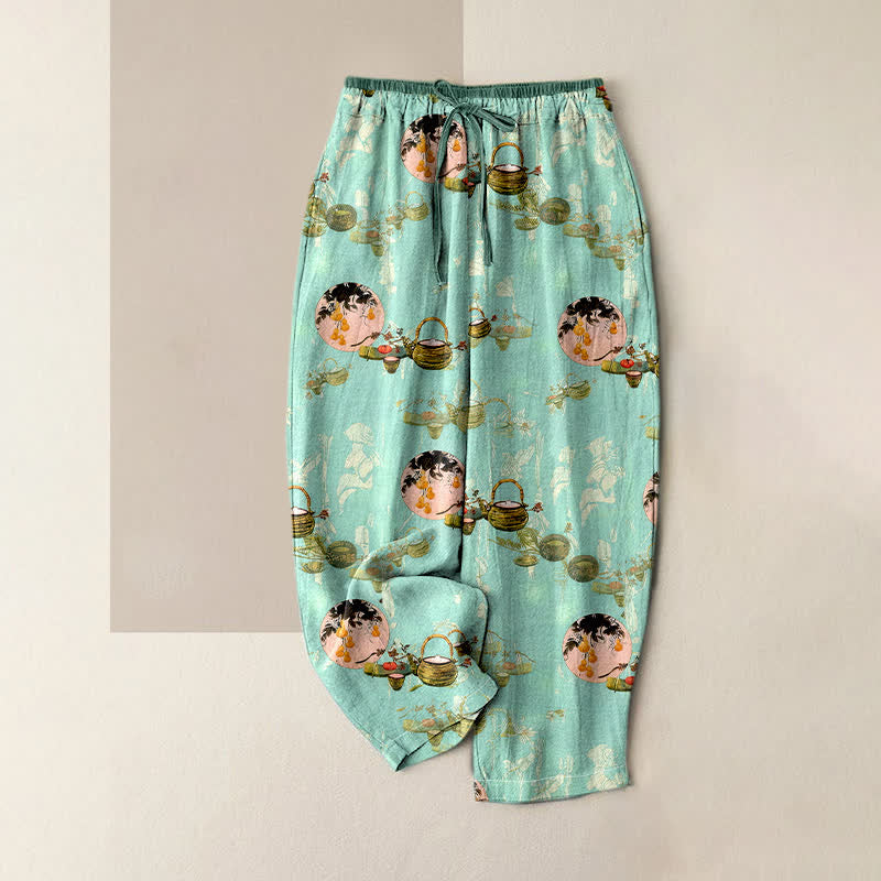 Buddha Stones Pantalon pour femme en pur coton, motif floral oriental, taille élastique et poches - Turquoise - US16，UK/AU20，EU48 (3XL) - image 3