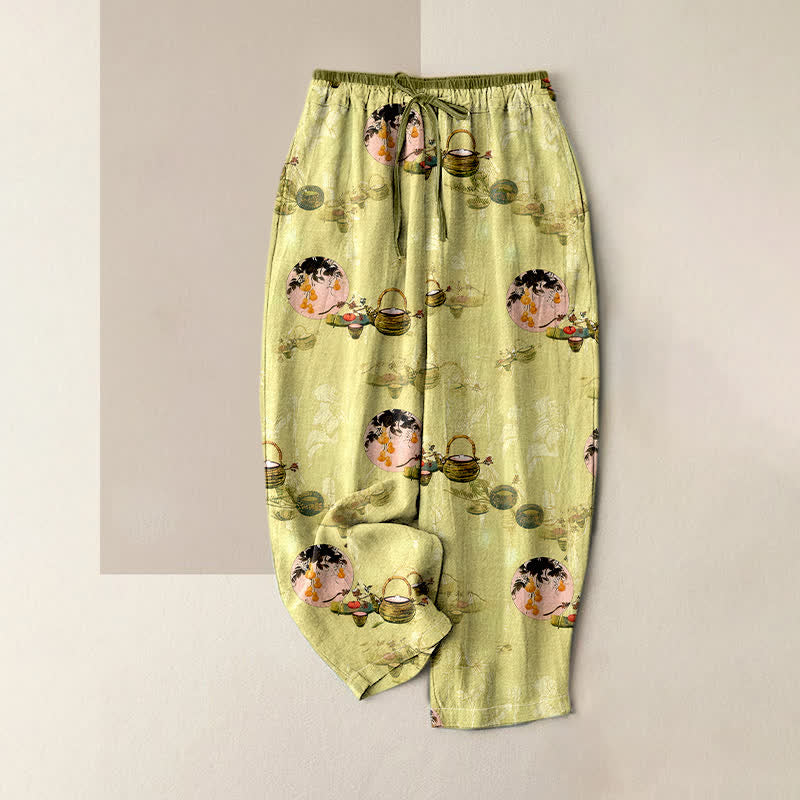 Buddha Stones Pantalon pour femme en pur coton, motif floral oriental, taille élastique et poches - Kaki - US16，UK/AU20，EU48 (3XL) - image 4