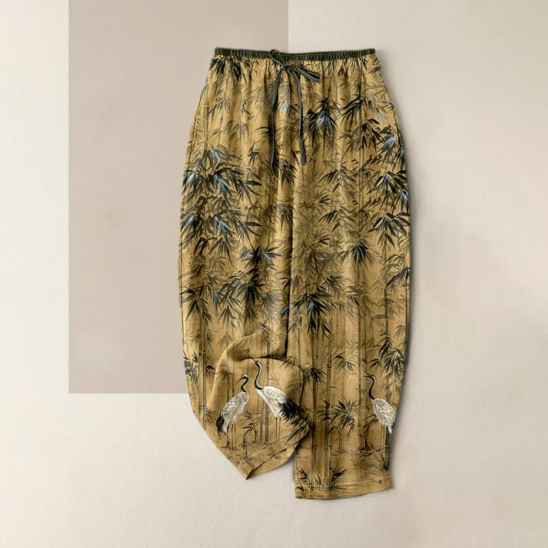 Buddha Stones Pantalon pour femme en pur coton, motif grue orientale en bambou, taille élastique et poches - Kaki - US16，UK/AU20，EU48 (3XL) - image 0