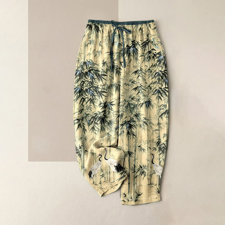 Buddha Stones Pantalon pour femme en pur coton, motif grue orientale en bambou, taille élastique et poches - Ivoire - US16，UK/AU20，EU48 (3XL) - image 3