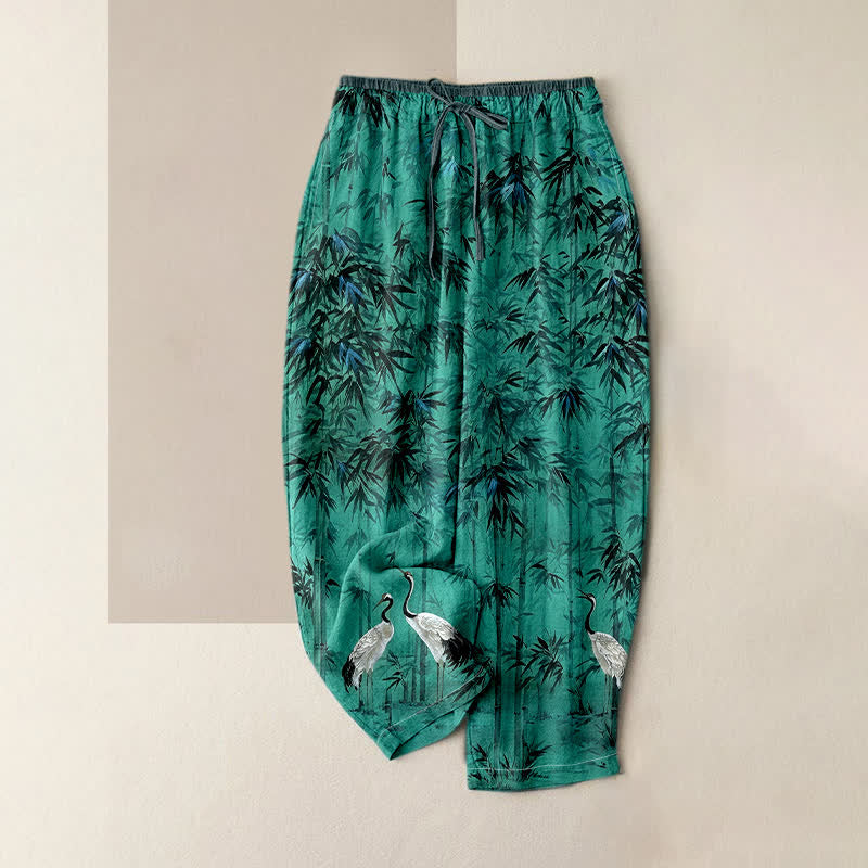 Buddha Stones Pantalon pour femme en pur coton, motif grue orientale en bambou, taille élastique et poches - Turquoise - US16，UK/AU20，EU48 (3XL) - image 4