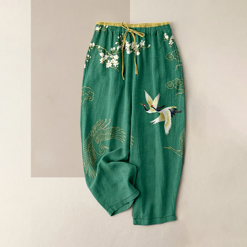 Buddha Stones Pantalon pour femme en pur coton à motif floral de grues volantes, taille élastique et poches - Vert forêt - US16，UK/AU20，EU48 (3XL) - image 0